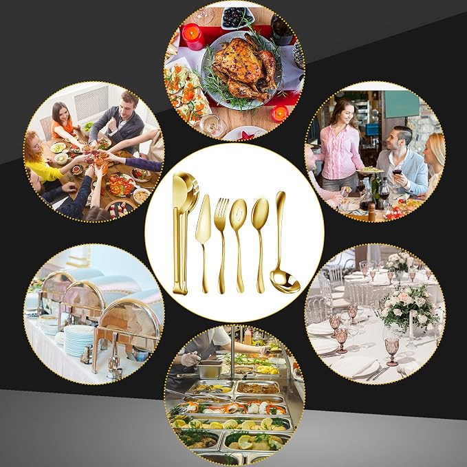 Thenshop 30 Pcs Serving Utensils Set Stainless Steel Flatware Serving Set Include Large Spoons Slotted Spoons Forks Soup Ladle Pie Server and Tongs for Buffet Catering Party Restaurant(Gold)