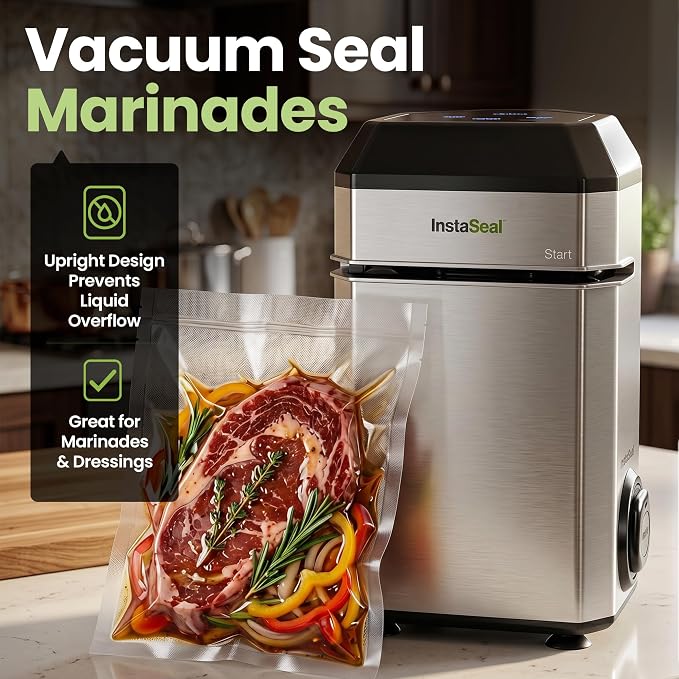 InstaSeal Upright Vacuum Sealer for Food with 12 Bags | Preserves Foods 5x Longer, Space Saving Compact Design, Seals Liquids, Soups & Marinades Mess-Free for Sous Vide Cooking