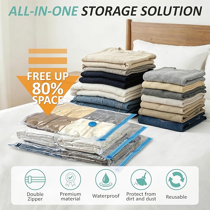 Cozy Essential Vacuum Storage Bags, 80% Compression Vacuum Seal Space Saver Plastic Packaging Bags for Clothes, Blankets, Pillow, Bedding, Comforters, Sealer Clothing Storage,12 Medium