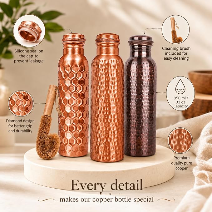 Copper Water Bottle,Ayurvedic Pure Copper Bottle For Drinking - Drink More Water, Lower Your Sugar Intake And Enjoy the Health Benefits Immediately,32 Oz (1Cleaning Brush+2 Hammered+1Diamond Bottle)