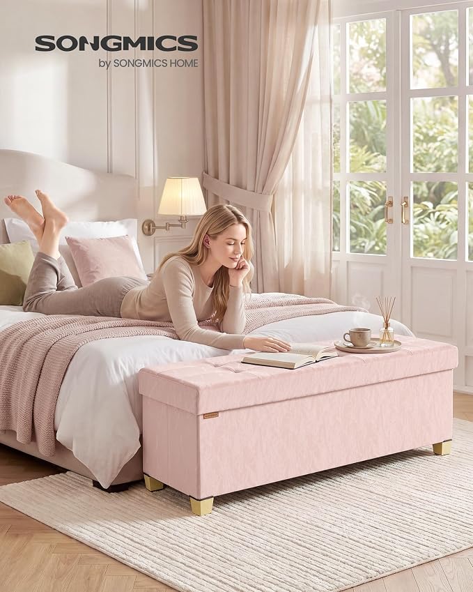 SONGMICS Storage Ottoman Bench, PU Leather Foldable Footrest with Padded Seat, 43.3 x 15 x 15.7 inches, Pink, Sturdy Space Saving Chest for Bedroom, Minota Collection ULSF524SA01