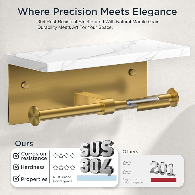 FORIOUS Toilet Paper Holder with Shelf, Marble Wall Mount Tissue Roll Holder for Bathroom, Washroom, 304 Stainless Steel Double Commercial Toilet Tissue Dispensers with Phone Shelf, Brushed Gold