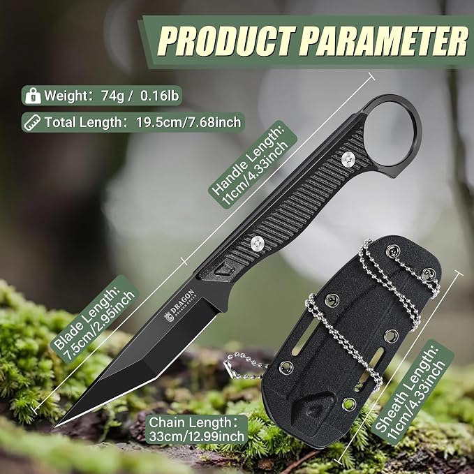 Dragon Creek Outdoor Neck Knife - Black Small Full Tang Fixed Blade | Knife with Sheath and Chain Black Thanksgiving Gift Men