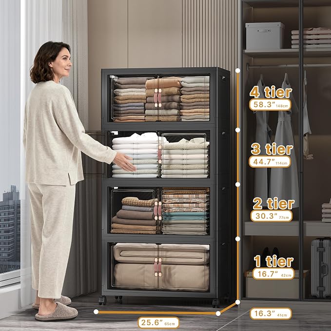 Stackable Storage Bins, 480QT Collapsible Drawers with 1 Lid | Large Capacity, Magnetic Door, Stack Lock, Rolling Wheels, Foldable Design, Organizers and Storage for Bedroom Dorm Garage