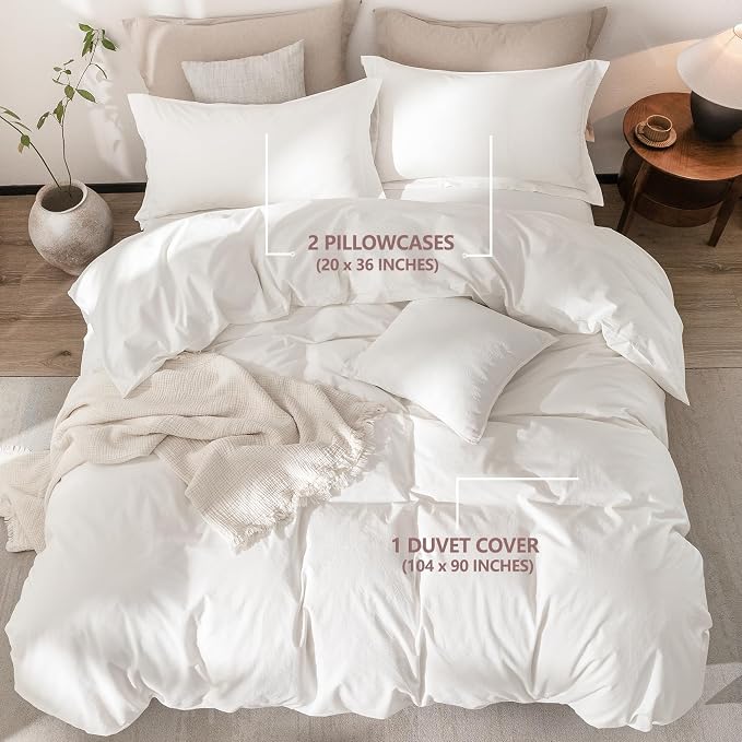 Soft Breathable Cozy Off White Duvet King Size 100% Washed Cotton Bedding Set Cover 1 Duvet Cover Zipper Closure and 2 Pillowcases, 104inch x 90inch