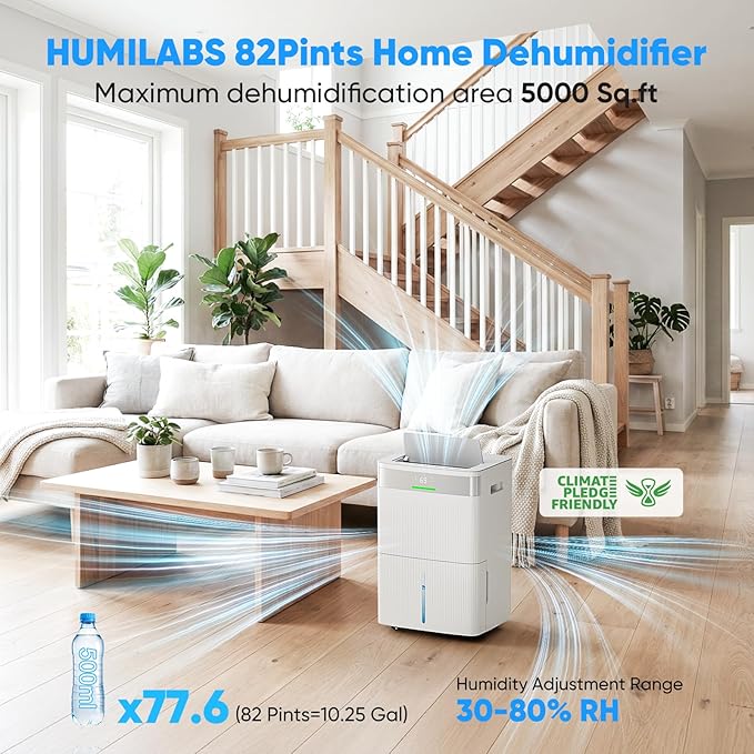 HUMILABS 82 Pints Dehumidifier for Home, 5000 Sq. Ft Dehumidifier for Basement with Drain Hose, Front LED Screen and 1.37 Gal Water Tank, Three Modes, Auto Defrost and 24HR Timer