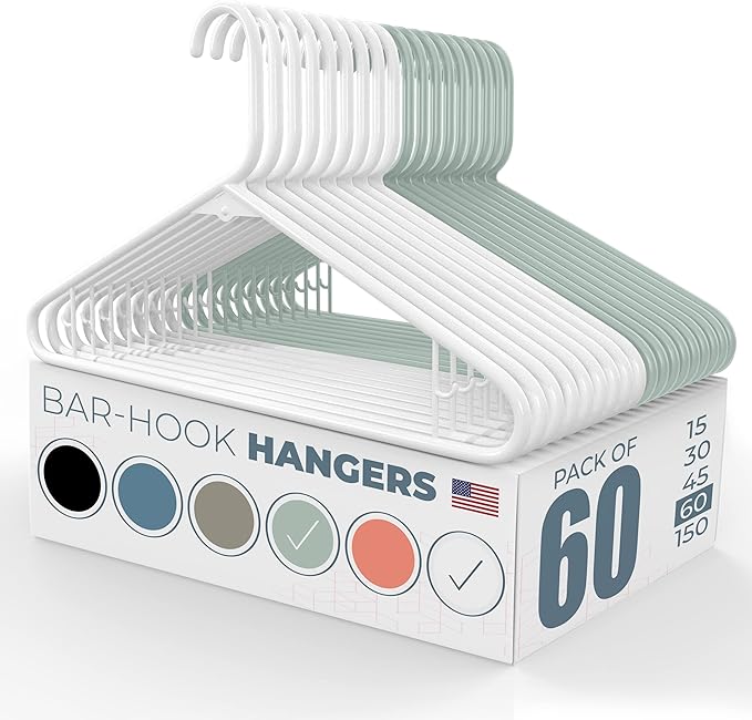 Plastic Hangers 50 Pack (60 Count) – Made in the USA – 6lb Capacity Standard Clothes Hangers with Strap Hooks for Dresses, Lingerie, Shirts, Pants, and Jackets – White & Mint