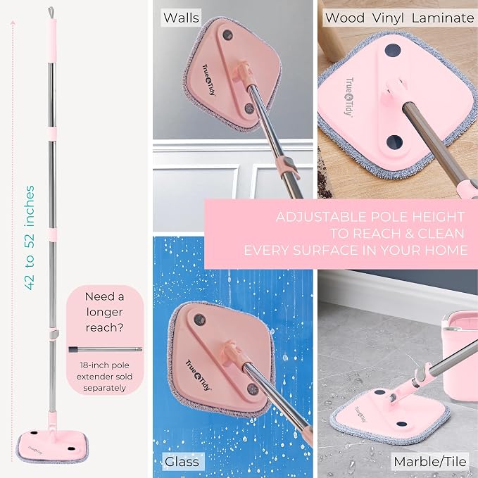True & Tidy Square Spin Mop & Bucket System w/Machine Washable Pads, Rose