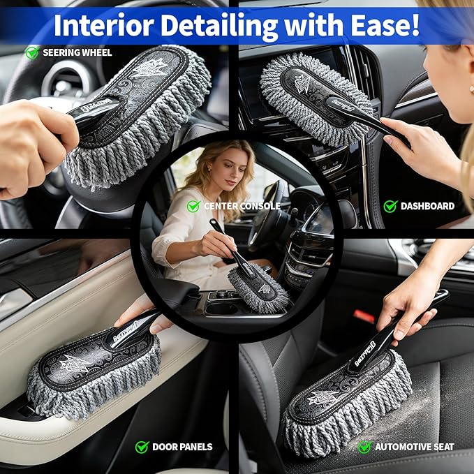 Flash Dog Car Duster Exterior & Interior Set – No Dust Scattering Auto Duster Brush with Wood Handle & Mini Brush, Wax-Treated Cotton Head, Scratch-Free Dust Remover for Car, Truck, SUV