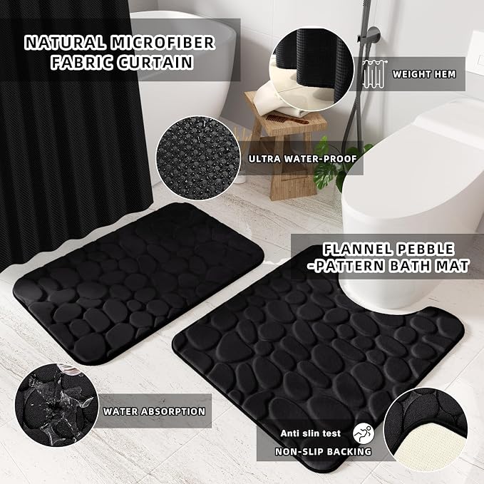 Bathroom Sets with Shower Curtain and Rugs Bathroom Accessories Set Black Bathroom Set,Soap Dispenser & Toilet Brush Holder Set with Stainless Steel Trash Can(23 PCS)