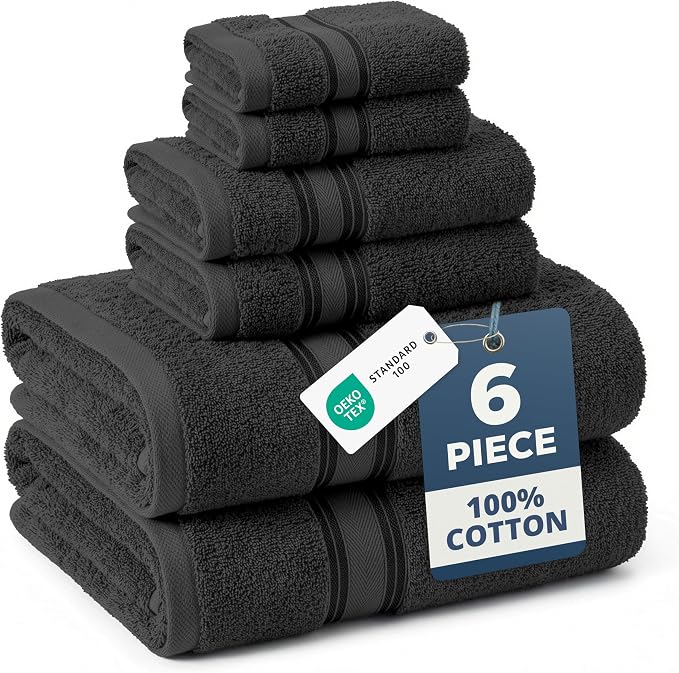 LANE LINEN Towel Set for Bathroom Soft Absorbent Quick Dry 6 Piece - Black | Set Of Towels - Dobby Border Accent, OEKO-TEX Certified, Zero-Twist Durability, Zero-Twist Cotton, Terry Weave Comfort