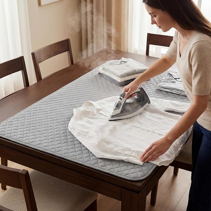 Tegeme 60 x 22 Inch Ironing Mat, Heat Resistant Foldable Iron Board Pad | For Tabletop & Countertop, Large Quilted Cotton Surface, Thick Heat Resistant Padding, Foldable Design, Home & Travel Use