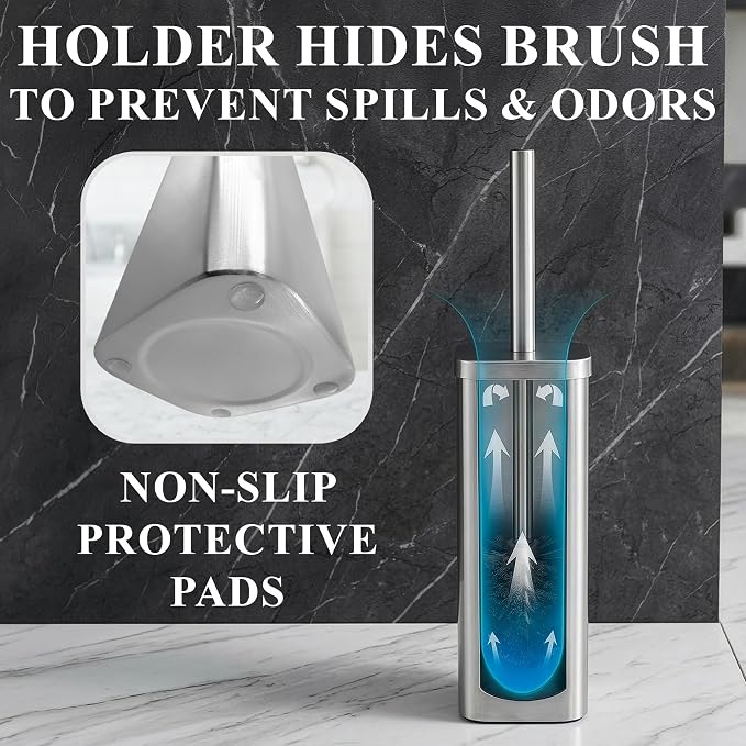 Toilet Brush with Square Holder - Toilet Brush and Holder Set Silver, Stainless Steel Handle with Splash Shield, Replaceable Head and Removable Inner Cup - Freestanding Bathroom Toilet Cleaning Set