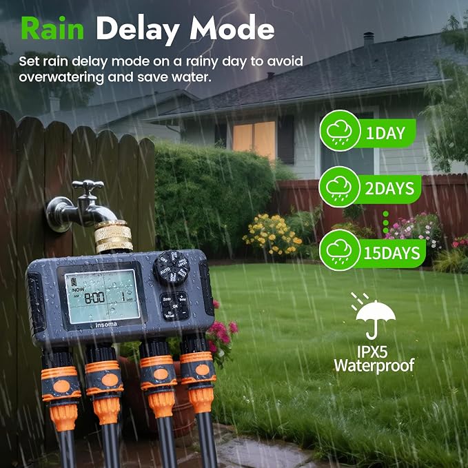 Insoma Water Timer with Brass Inlet & Outlet, 4 Independent Zones Outdoor Hose Timer for Garden Faucet with Auto/Manual/Rain Delay Mode, IPX5 Waterproof, Sprinkler Irrigation Controller for Yard Lawn