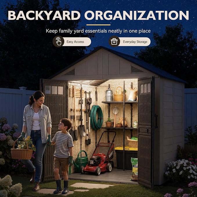 Aoxun 8x6 Ft Outdoor Storage Shed with Lighe & Floor, Large Resin Outdoor Shed with Lockable Door & Windows, Garden HDPE Sheds for Lawn Tools, Pool Supplies & Bikes