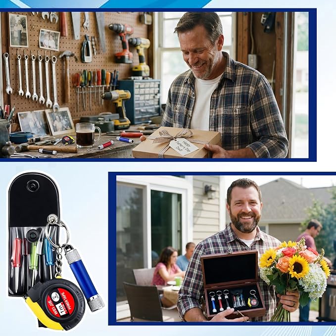 Jutom 18 Pcs Mini Tape Measure Keychain Screwdriver LED Light Keychain Bulk Men Adult Tool Party Gifts Prize for Man Father's Day Housewarming Gifts Adult Useful Tool Favors (Blue,Black,Red)