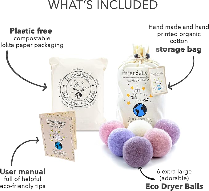 Friendsheep Wool Dryer Balls, Organic Reusable Fabric Softener Alternative for Laundry, Handmade, Fair Trade, Hypoallergenic, Eco-Friendly, Plastic-Free (6 Pack XL - Lavender Bliss)