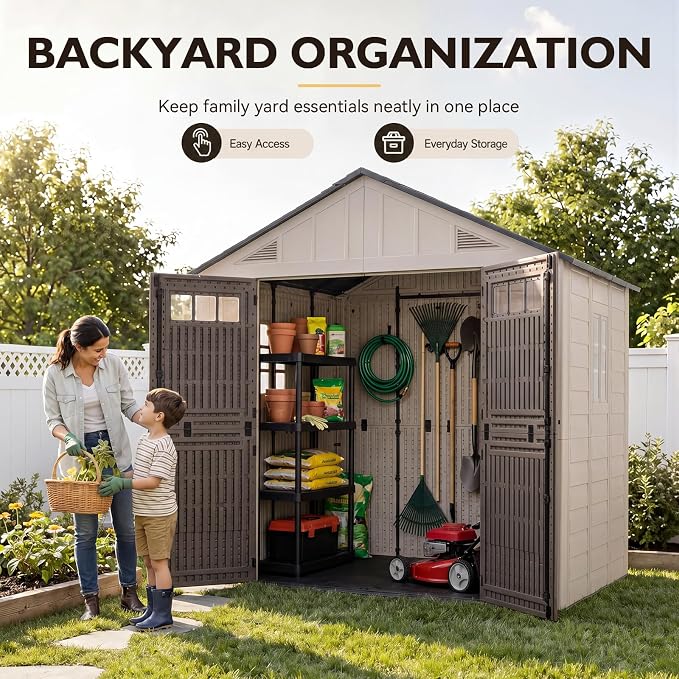Aoxun 8x8 Ft Outdoor Storage Shed with Floor, Large Resin Outdoor Shed with Lockable Door & Windows, Garden HDPE Sheds for Lawn Tools, Pool Supplies & Bikes