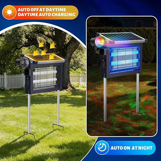 Zechuan Solar Bug Zapper Outdoor, 4500V Electric Mosquito Zapper, IP66 Waterproof Cordless Fly Killer, Type-C Rechargeable with Projection Light for Patio Yard Camping