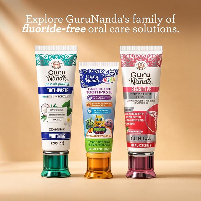 GuruNanda Hydroxyapatite Toothpaste for Whitening with Neem & Xylitol, SLS & Fluoride Free (4 Pack) - Freshens Breath, Fights Plaque - with 2 Toothbrushes, 2 Tongue Scrapers & 2 Tube Squeezers