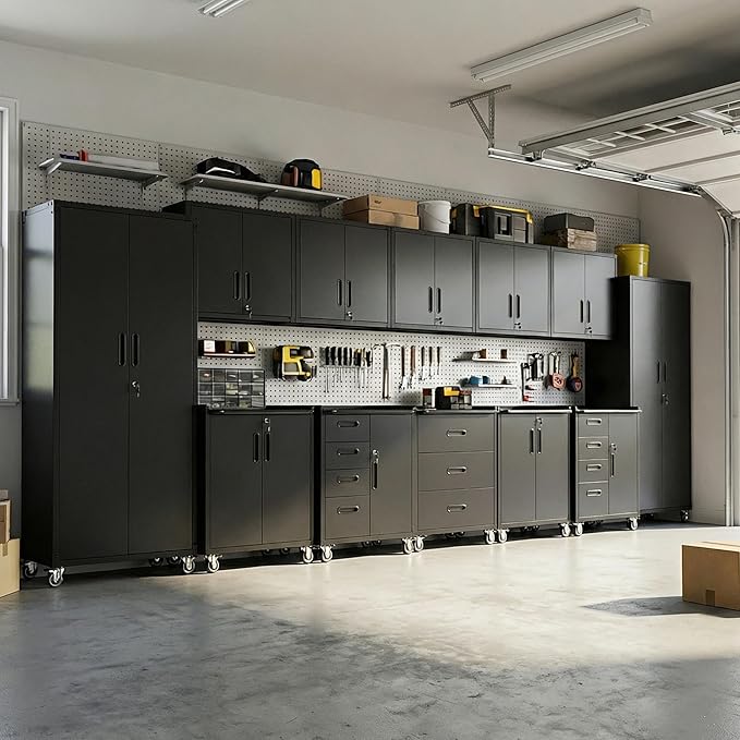 12-Piece Heavy Duty Steel Garage Cabinet System | All-in-One Modular Garage Cabinet Set for Ultimate Workshop Organization | Easy Assembly Garage Storage Cabinets & Tool Bench (Black)