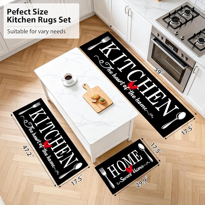 Kitchen Rugs Set 3 Piece, Non Slip Kitchen Mats for Floor, Soft Fabric with Rubber Backing, Farmhouse Anti Fatigue Runners Carpet for Home Kitchen Laundry Room Hallway (Black)