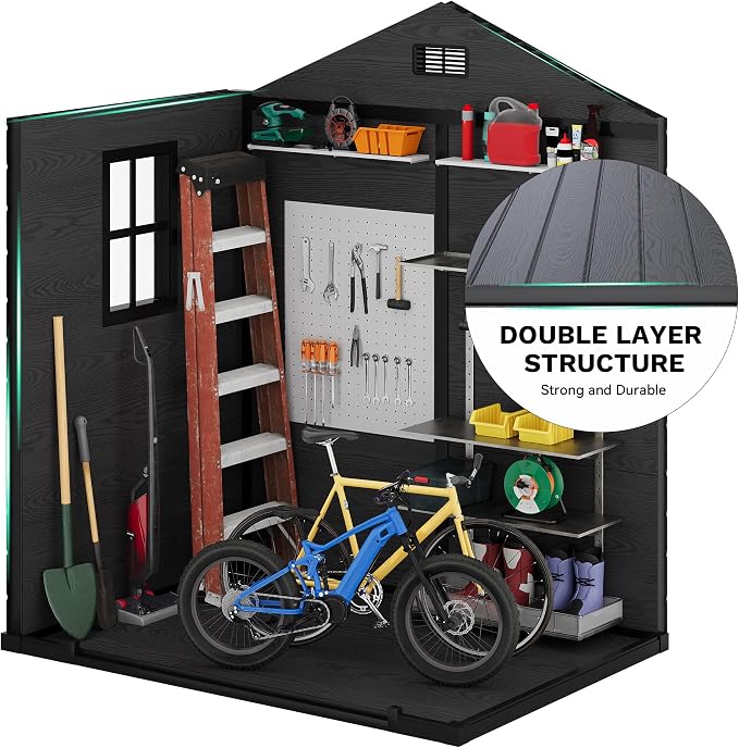DWVO 6X5FT Resin Storage Shed with Reinforced Floor, Outdoor Storage Shed with Lockable Door, Window and Vents, Waterproof Plastic Tool Shed for Garden, Backyard, Patio, Lawn