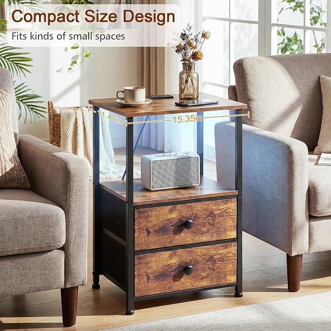 Nightstands Set of 2, LED Night Stand with Charging Station | Bedside Table with Type-C Outlets & 2 Fabric Drawers, End Tables with Storage Shelf for Bedroom, Small Spaces, Rustic Brown