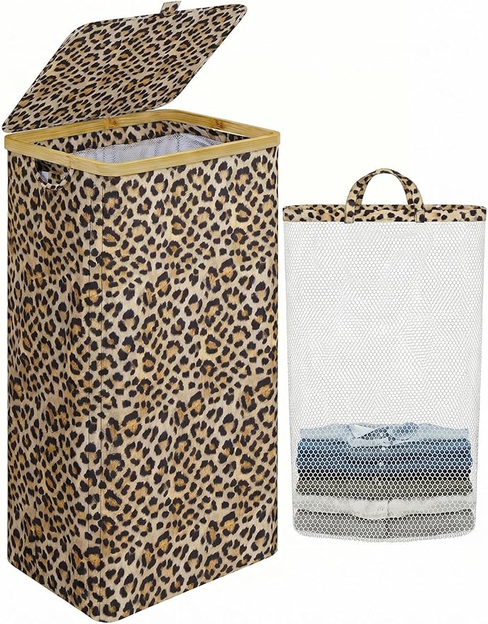 iEGrow Laundry Hamper with Lid, 110L Large Laundry Basket with Handle, Collapsible Clothes Basket Organizer with Removable Inner Bag for Clothes Towels - Leopard print