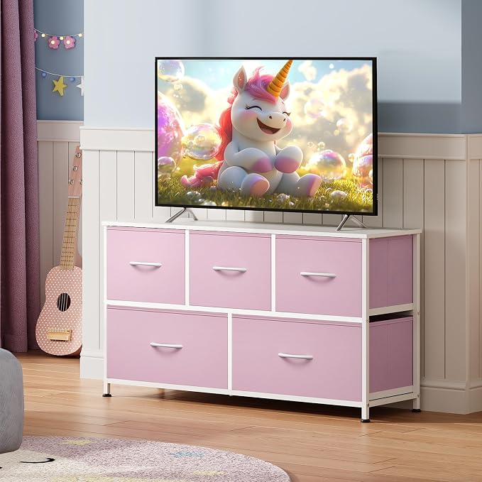 WLIVE 5 Drawer Dresser for Bedroom, Wide Chest of Drawers, A-Pink | 5 roomy fabric drawers, Wide storage design, Bedroom or closet use, Sturdy steel frame, Smooth wood tabletop