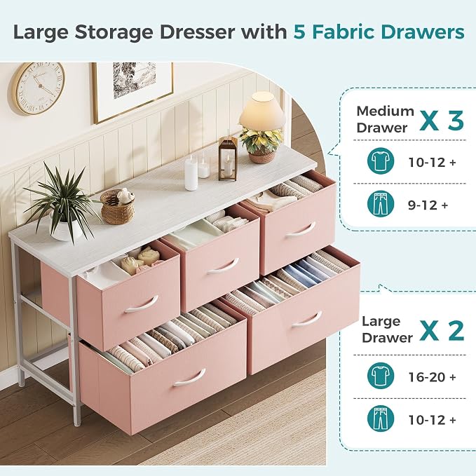 OLIXIS Pink Dresser for Girls Bedroom, Wide Dresser for Closet, 5 Drawers | Closet Organizers and Storage with Bins, Fabric Chest of Drawers for Clothes Storage, Wooden Top, Living Room
