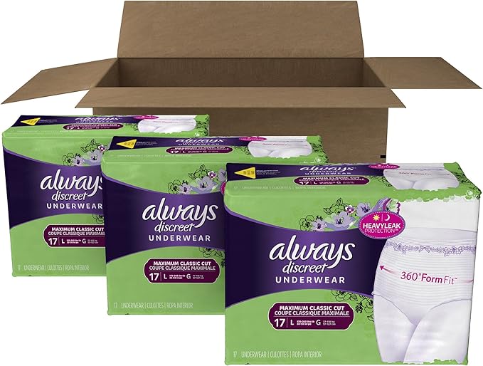 Always Discreet Incontinence & Postpartum Underwear for Women, Disposable, Maximum Absorbency, Large, 51 Count