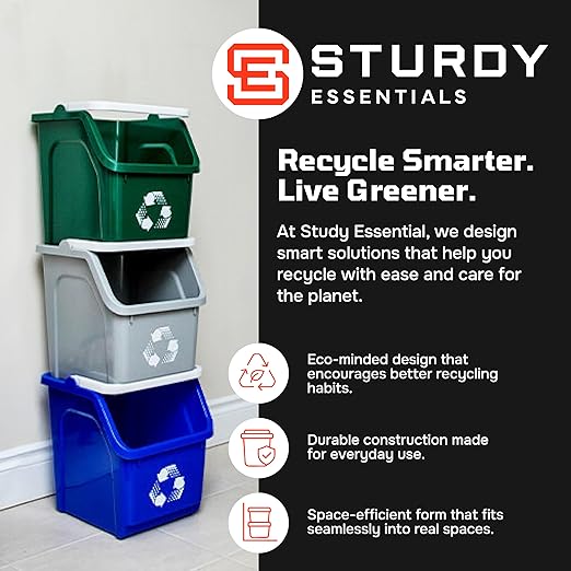 Multi Bin Recycling System with Three Stackable 6 Gallon Recycle Bins for Kitchen Use – Recycling Trash Can Set for Office, Garage, Businesses (9 Pack Blue/Grey/Green)