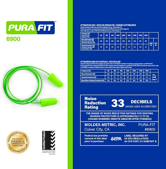 Moldex Pura-Fit Foam Earplugs – Soft, Comfortable, Corded, Disposable Ear Plugs, NRR 33dB Noise Reduction for Hearing Protection, Bright Green, Made in USA, 100 Pairs, 6900
