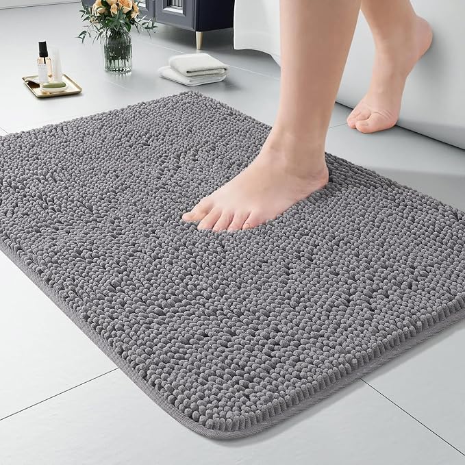 LOCHAS Luxury Bathroom Rug Shaggy Bath Mat 20 x 30 Inch, Gray | Washable Non Slip Bath Rugs for Bathroom Shower, Soft Plush Chenille Absorbent Carpets
