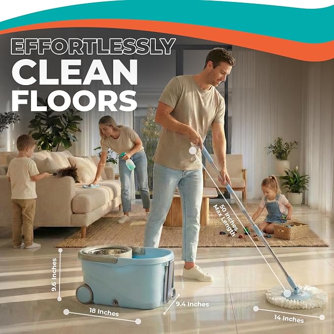 Grazie Spin Mop & Bucket Set - 360° Self-Wringing System with Wheels, Stainless Steel Handle - Hands-Free Floor Cleaning for Hardwood, Tile, Laminate - Includes 4 Washable Microfiber Mop Head Refills