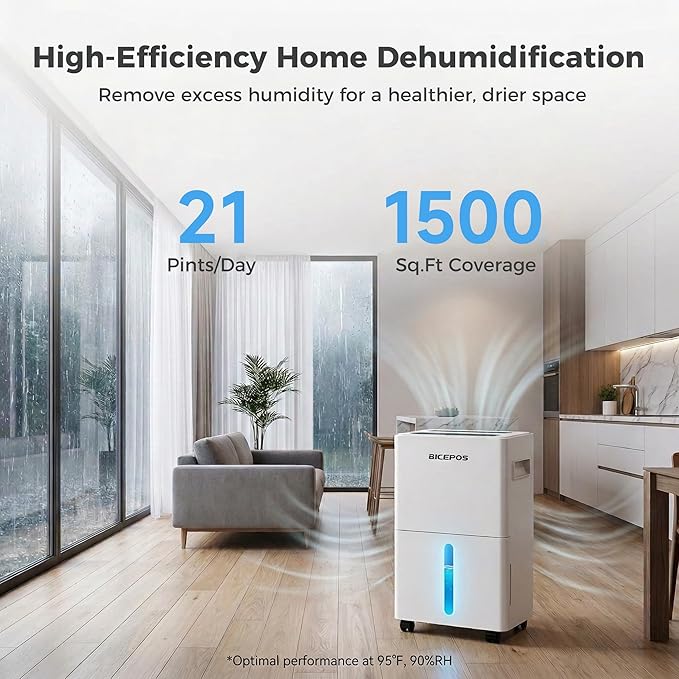 Bicepos 1500 Sq.Ft Dehumidifiers for Home, 21 Pints Dehumidifier for Basement, Bathroom, Bedroom, Large Room, 3 Modes, Auto Defrost, Intelligent Humidity Control, 24H Timer