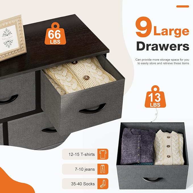 Sweetcrispy 9 Drawer Fabric Dresser Storage Tower Drawer Organizer, Grey | Sturdy steel frame with wood top,easy-pull handles,Space-saving organizer chest for bedroom, closet, Lightweight and stable