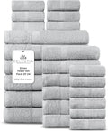 Villa Celestia 24-Piece 100% Cotton Towel Set, 6 Bath Towels, 6 Hand Towels, 12 Wash Cloth, Quick-Dry, Silver