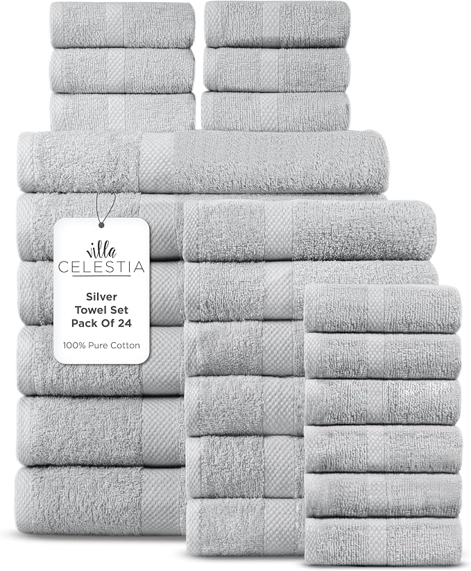 Villa Celestia 24-Piece 100% Cotton Towel Set, 6 Bath Towels, 6 Hand Towels, 12 Wash Cloth, Quick-Dry, Silver