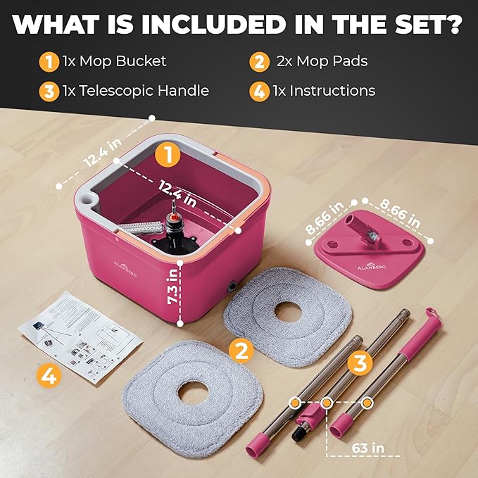 Spin Mop and Bucket Set with Wringer – Dual-Chamber Self Wringing Mop, Flat Microfiber Mop for Hardwood, Tile & Vinyl Floors, 2 Washable Replacement Heads, 63" Handle, Pink