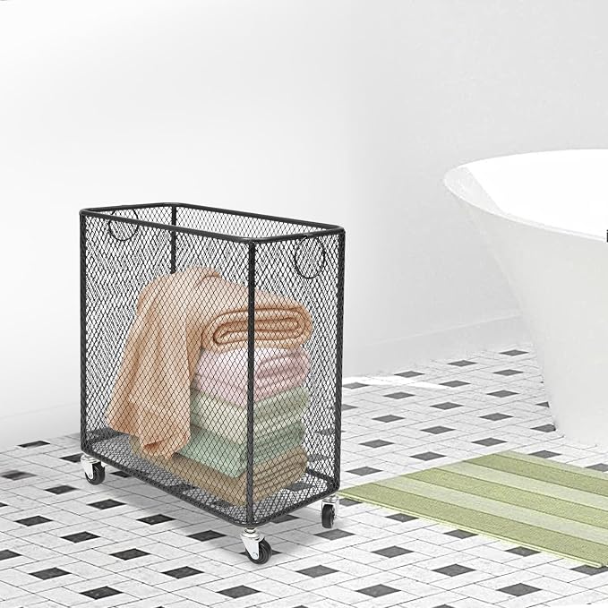 Laundry Hamper with Wheels, Rolling Laundry Basket Cart, Rectangular Metal Mesh Clothes Hamper with Metal Pull Handle for Laundry Room and Bedroom(Black, 16.9" x 9" x 17.7")