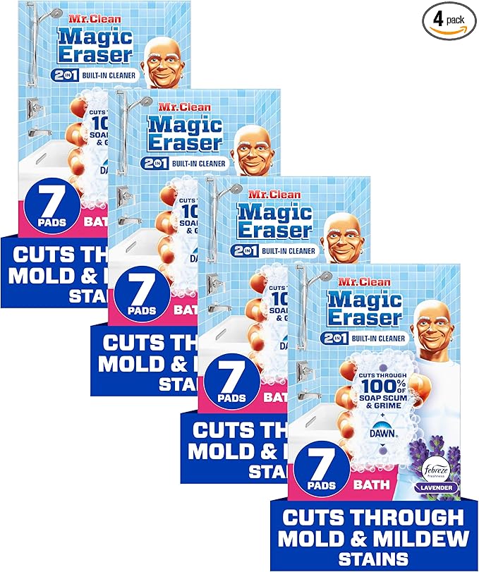 Mr. Clean Magic Eraser Sponge, Bathroom, Shower & Tub Cleaner, Soap Scum Remover, Bathroom Cleaning Supplies, Dawn Cleaning Power with Febreze Lavender Scent, 2 in 1 Bath, 7ct (Pack of 4)