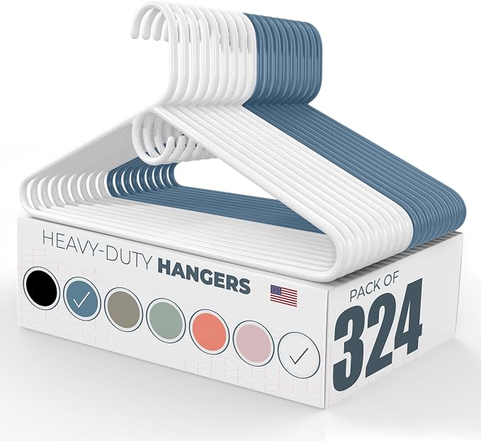 Heavy Duty Clothes Hangers 100+ Pack (324 Count) – Made in the USA – 8lb Capacity Plastic Hangers for Adult Clothing – Durable for Pants, Coats, Jackets, or Jeans – White & Blue