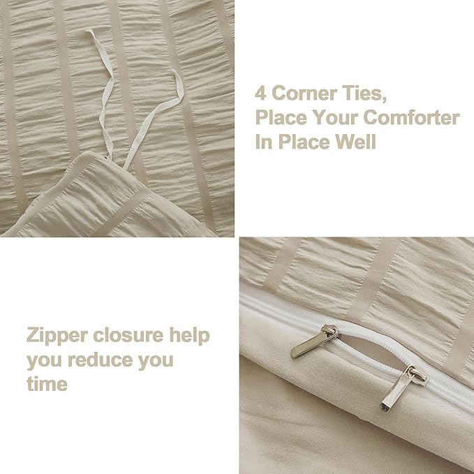AveLom Beige Duvet Cover King Size, Textured Seersucker Duvet Cover Set, Soft Washed Microfiber with Zipper Closure and Corner Ties, 3 Pieces, 104" x 90" Duvet Cover & 2 Pillowcases