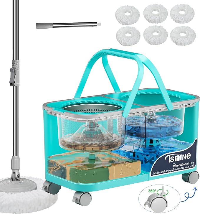 2026 Upgraded Easy-Use Spin Mop for Cleaner, Clean & Dirty Water Separation Mop Bucket for Pet & Family Homes,360° Swivel Wheels, Safe for Hardwood & Tile, Adjustable Handle,6 Reusable Mop Heads