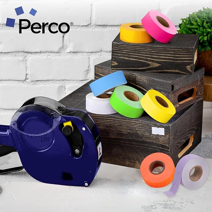 Perco 1 Line Multicolored Sleeve— 8,000 Labels for Perco Lite, X, Plus & Pro Guns—Includes White, Yellow, Blue, Lavender & Fluorescent Colors (Red, Green, Pink, Orange)— 8 Rolls, 1 Sleeve—Made in USA