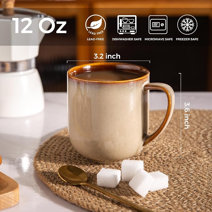 LERATIO Ceramic Coffee Mugs Set of 6,12oz Handmade Coffee Mugs Set | Large Handle for Cappuccino/Latte/Tea/Hot Cocoa,Oven &Dishwasher & Microwave Safe-Khkai