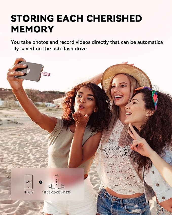 MFi Certified 256GB iPhone Photo Stick, High-Speed USB Flash Drive Memory Storage for Video Backup, Compatible for iPhone/iPad/Android/PC (Pink)