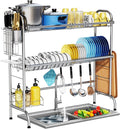 HOWDIA Stainless Steel 2-Tier Over The Sink Dish Drying Rack with Utensil Holder, Large, for Kitchen Counter | Stainless Steel, Cutlery Holder & Chopping Board Rack, for Kitchen Counter
